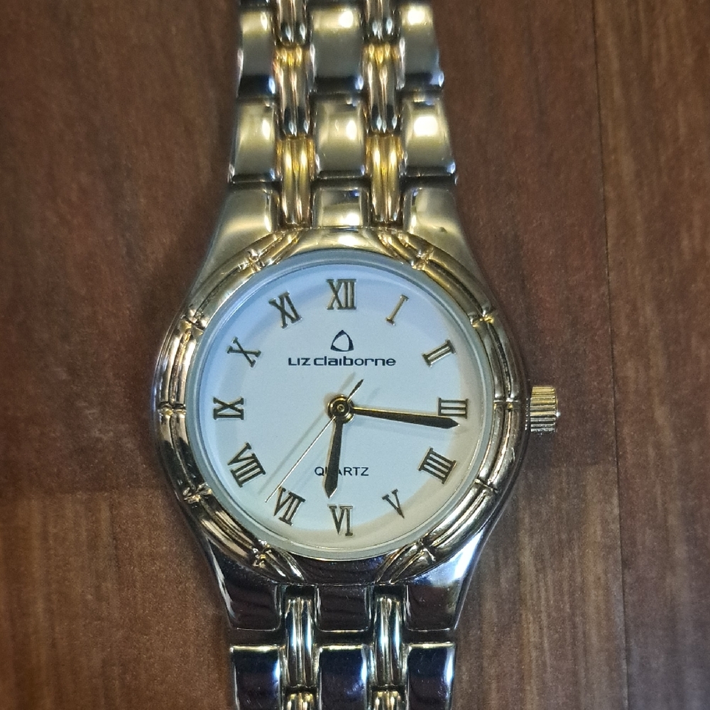 Liz Claiborne Two-Tone Silver and Gold Bracelet Watch With Double Clasps